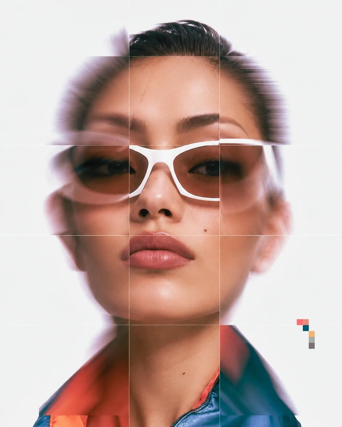 Fashion portrait of a woman in white sunglasses, sliced into pixel-shifted panels