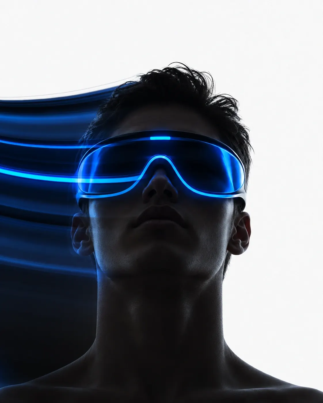 Man wearing a glowing blue visor against a white backdrop