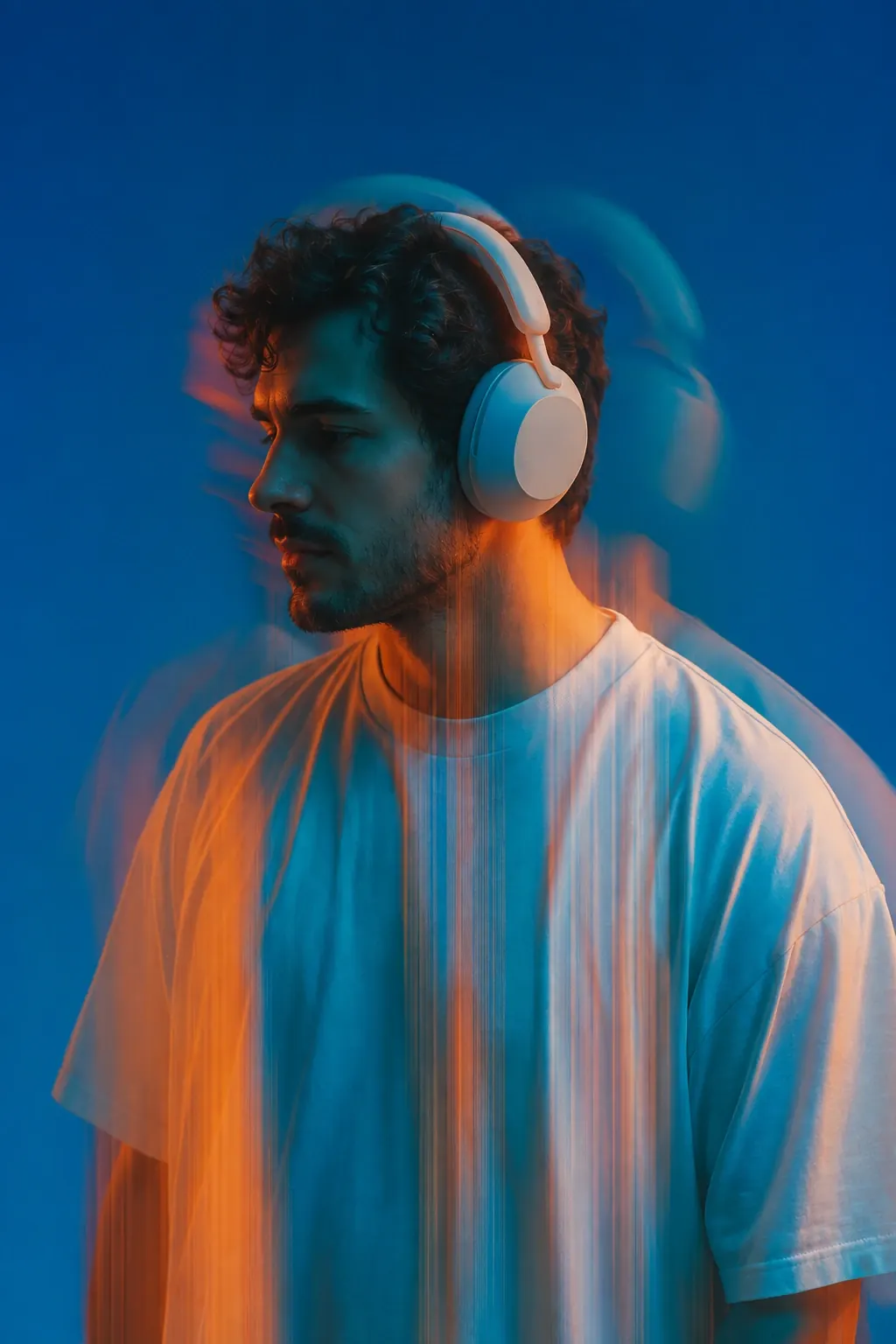Man in white headphones with a blue and orange motion-blur effect