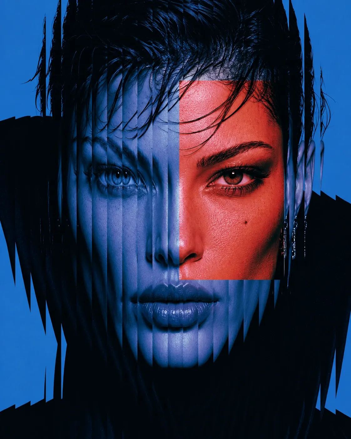 Woman's face split into blue and red halves with sliced, glitch-style edges
