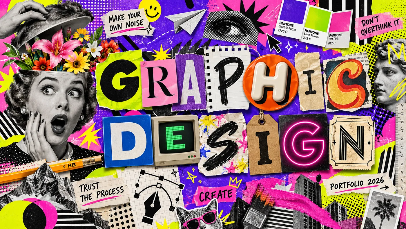 Graphic design collage with cut-out letters, pop colours and retro pieces