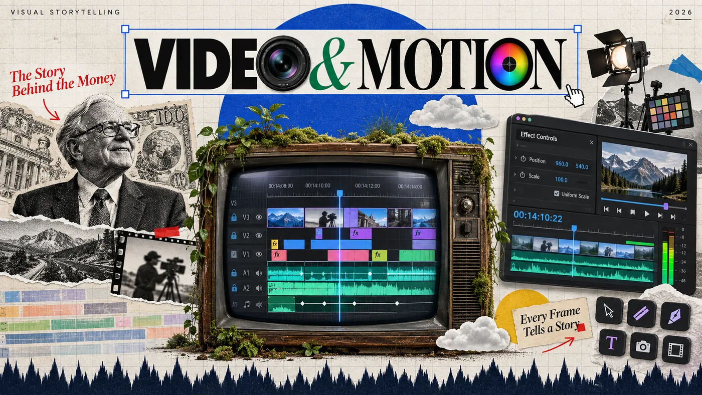 Video and motion collage with an editing timeline inside a vintage TV