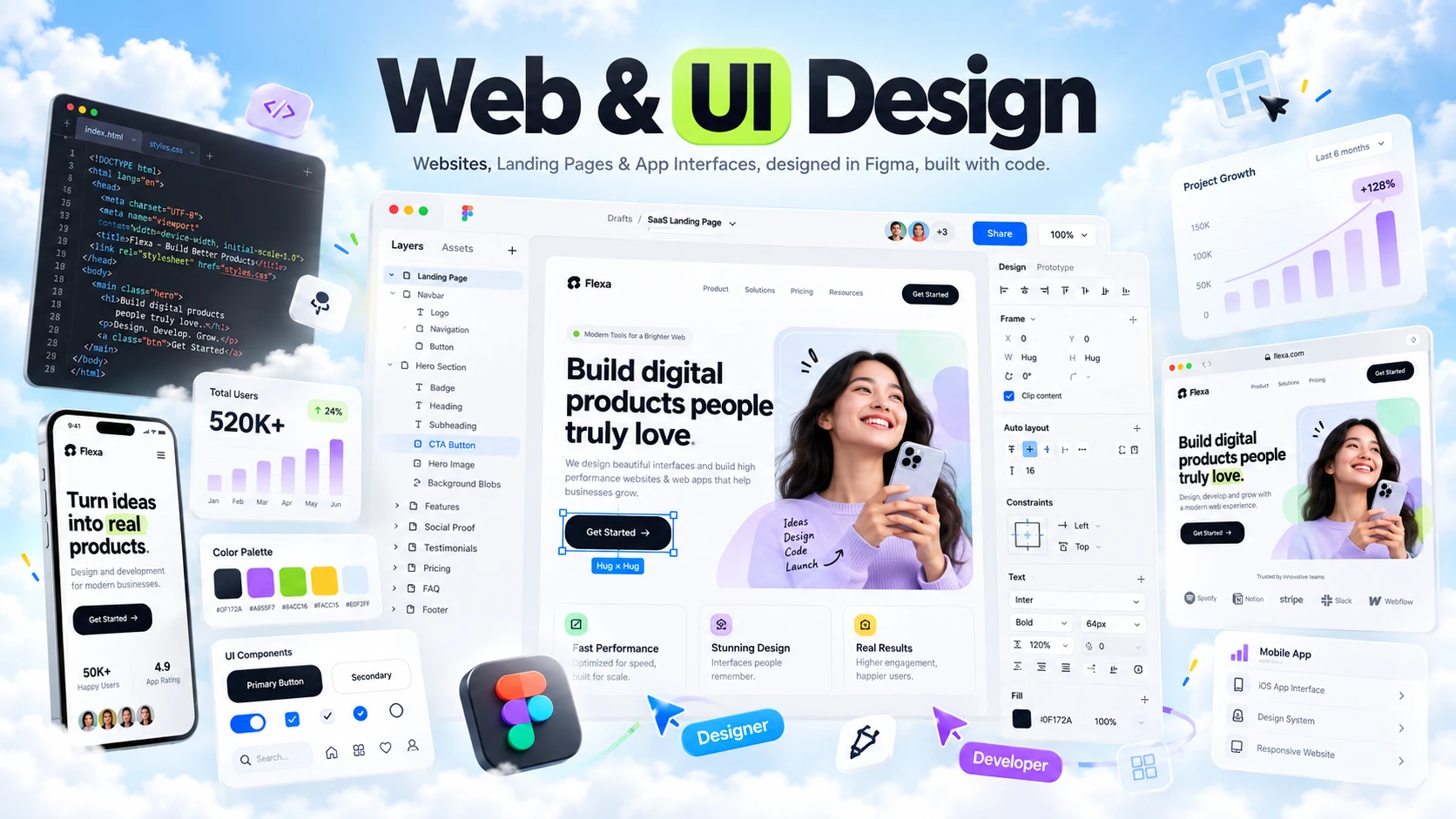 Web and UI design showcase with Figma layers, landing page and mobile app screens