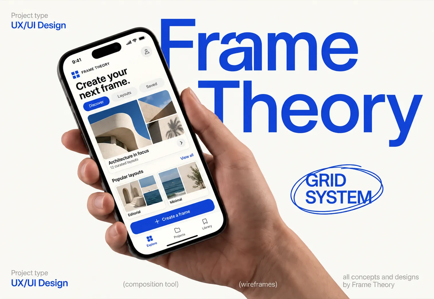 Frame Theory app design system shown on a phone