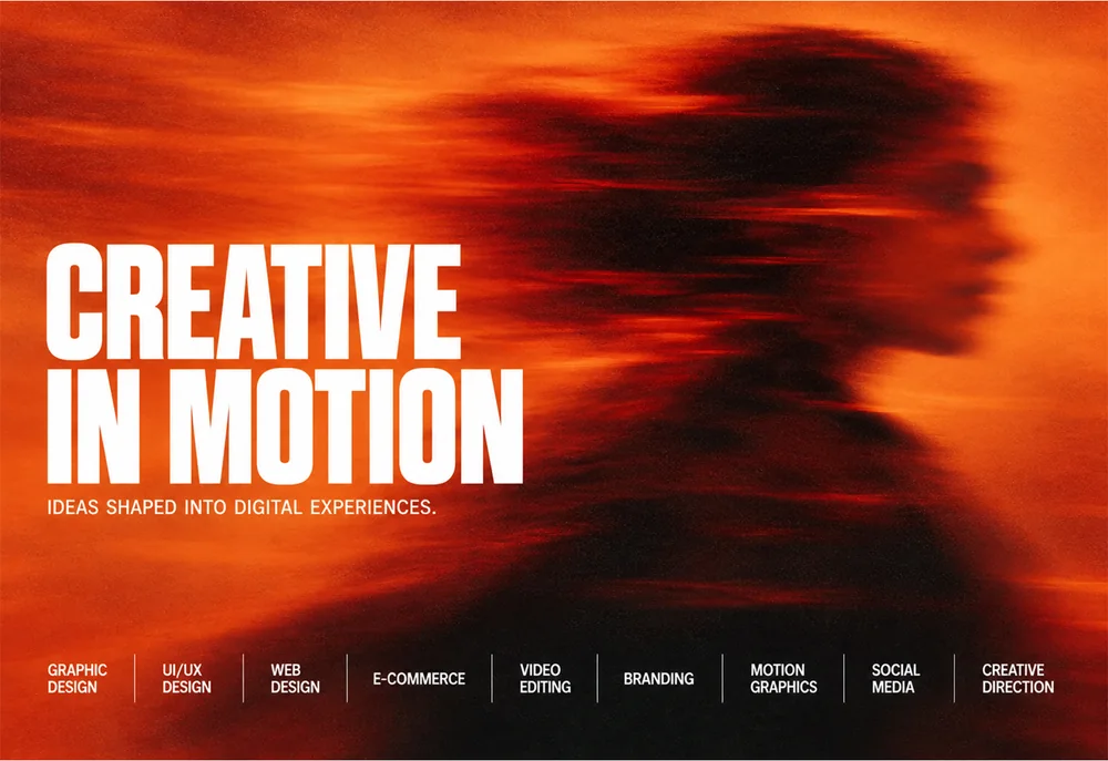 Orange motion-blur portrait poster reading "Creative in Motion" with a row of studio service labels
