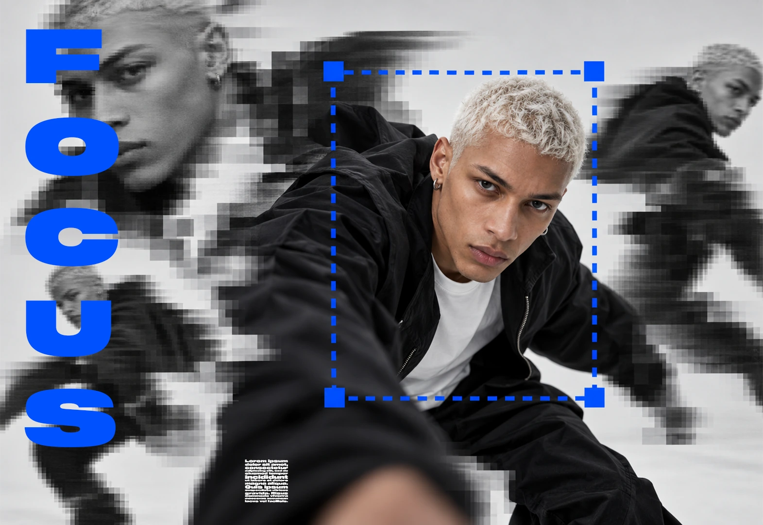 Pixelated fashion poster titled "Focus" with a blond model framed by a blue selection box