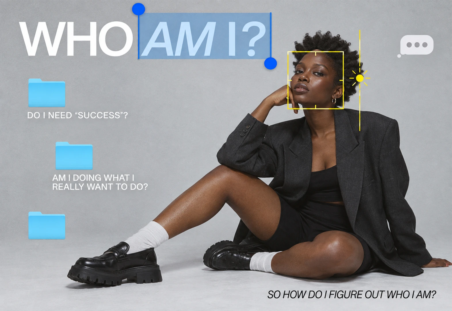 "Who am I?" poster with a seated model, folder icons and a UI/UX-style text selection