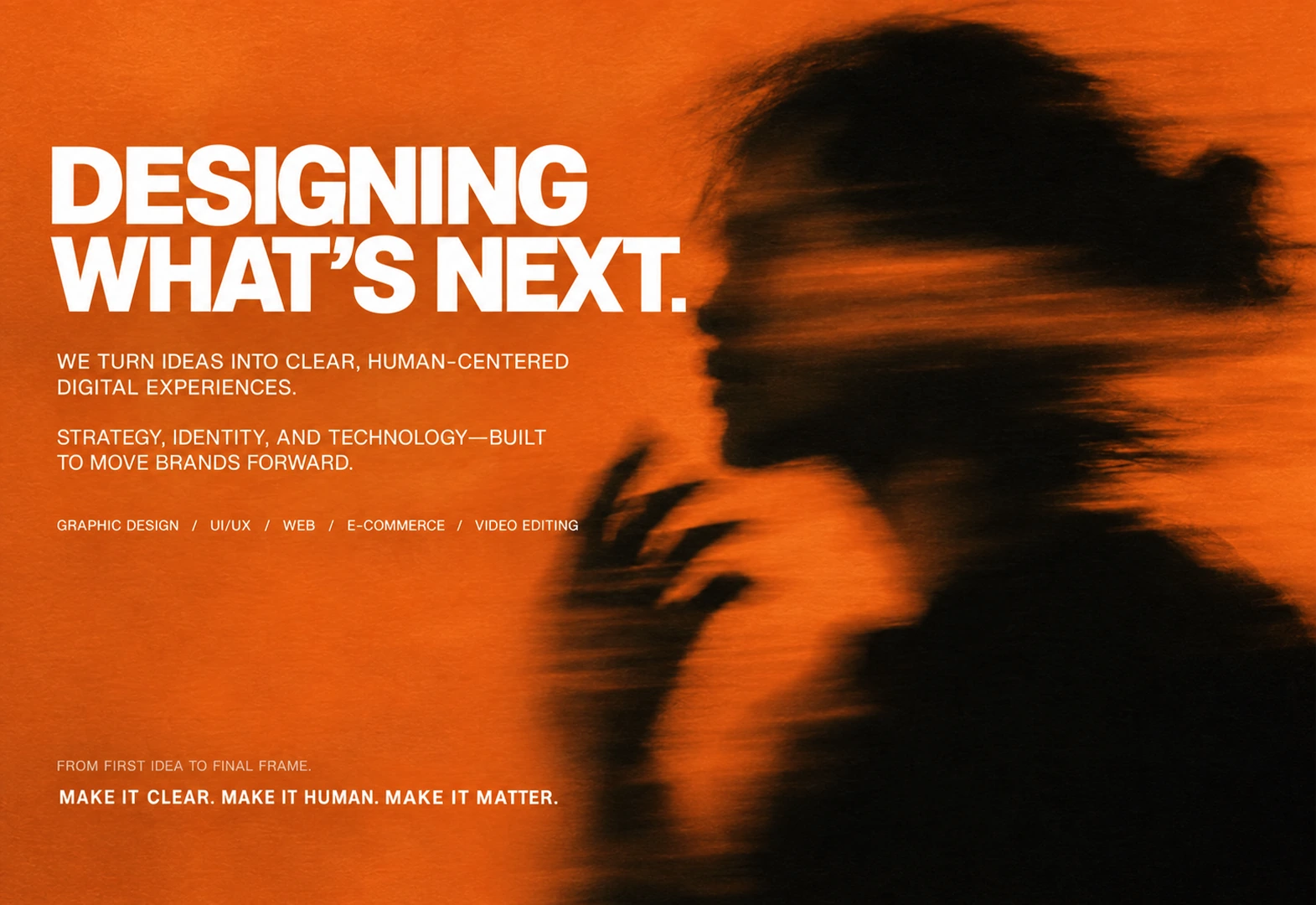 Orange branding poster reading "Designing what's next" beside a blurred profile silhouette