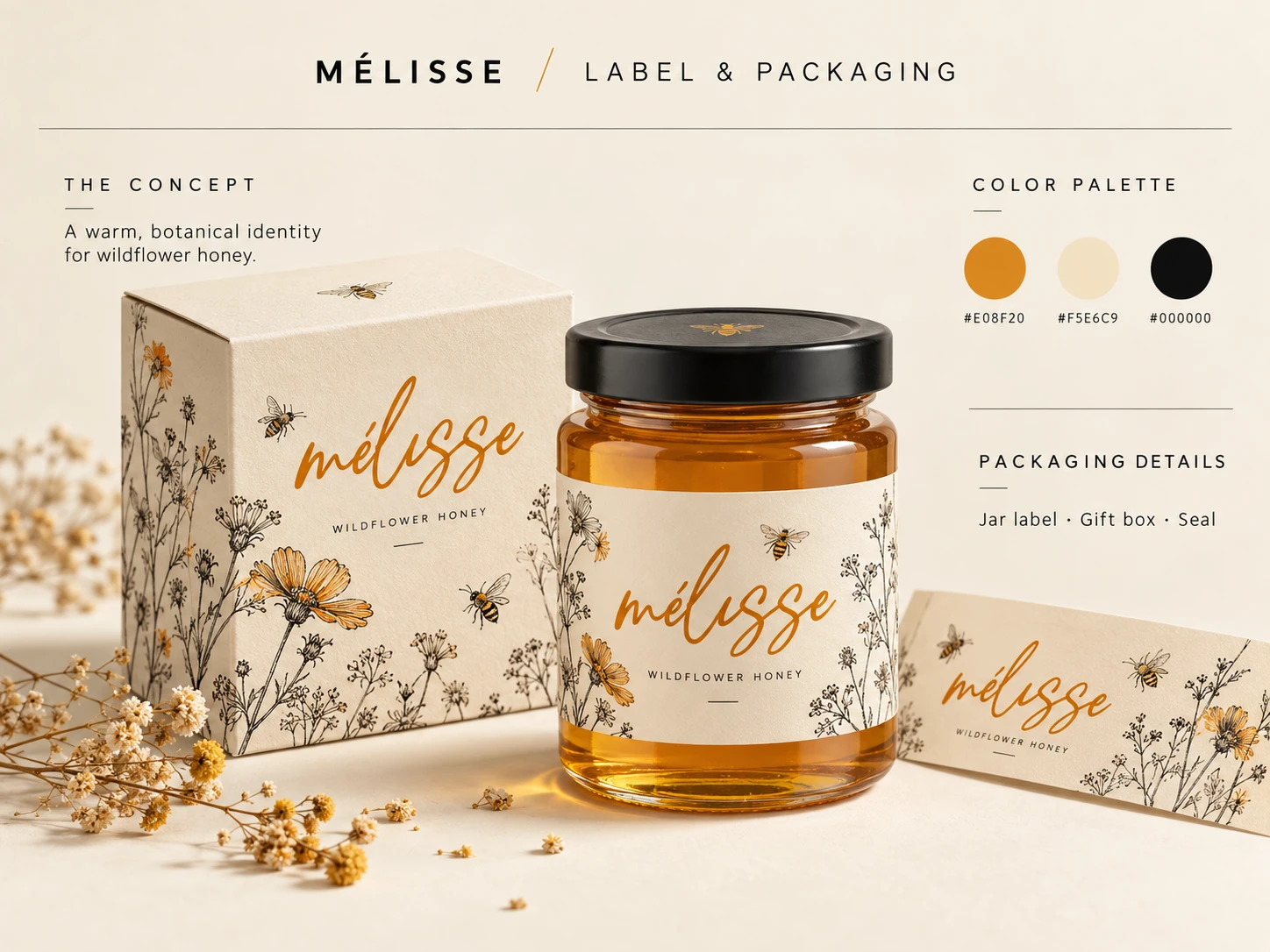 Mélisse wildflower honey label and packaging