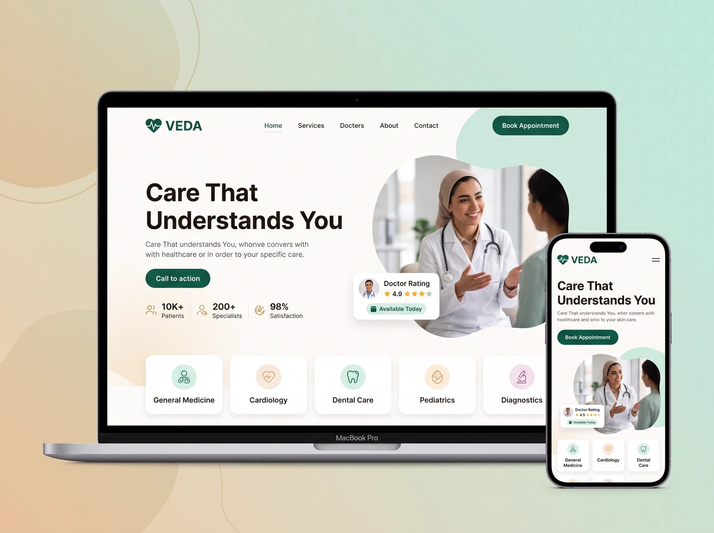 Veda healthcare website design on laptop and phone